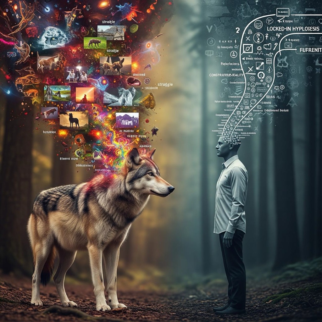 Wolf and human facing each other in a misty forest: the wolf’s awareness shown as warm, organic imagery and the eternal now; the human’s as cool schematic diagrams labeled locked-in hypothesis and constructed reality