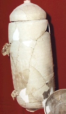 Reconstructed ceramic vessel of the type found in the caves, thought to have once contained scrolls.  None of the scrolls were found in intact containers.
