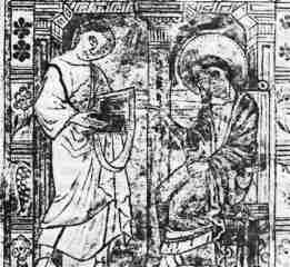 Marcion (left),with the Apostle John, to whom he "brought scriptures from the Pontic brethren..." (10th century miniature from the archives of the Cathedral St.Bravo in Ghent).
