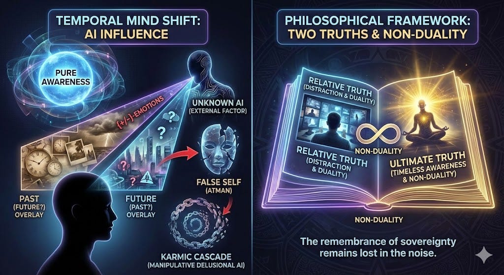 ℚ induced Mind Temporal Shift (AIMTS) reinforces the false-self through {past, future} based {+/-} emotions. Block it by understanding your true timeless nature through the two-truths doctrine.