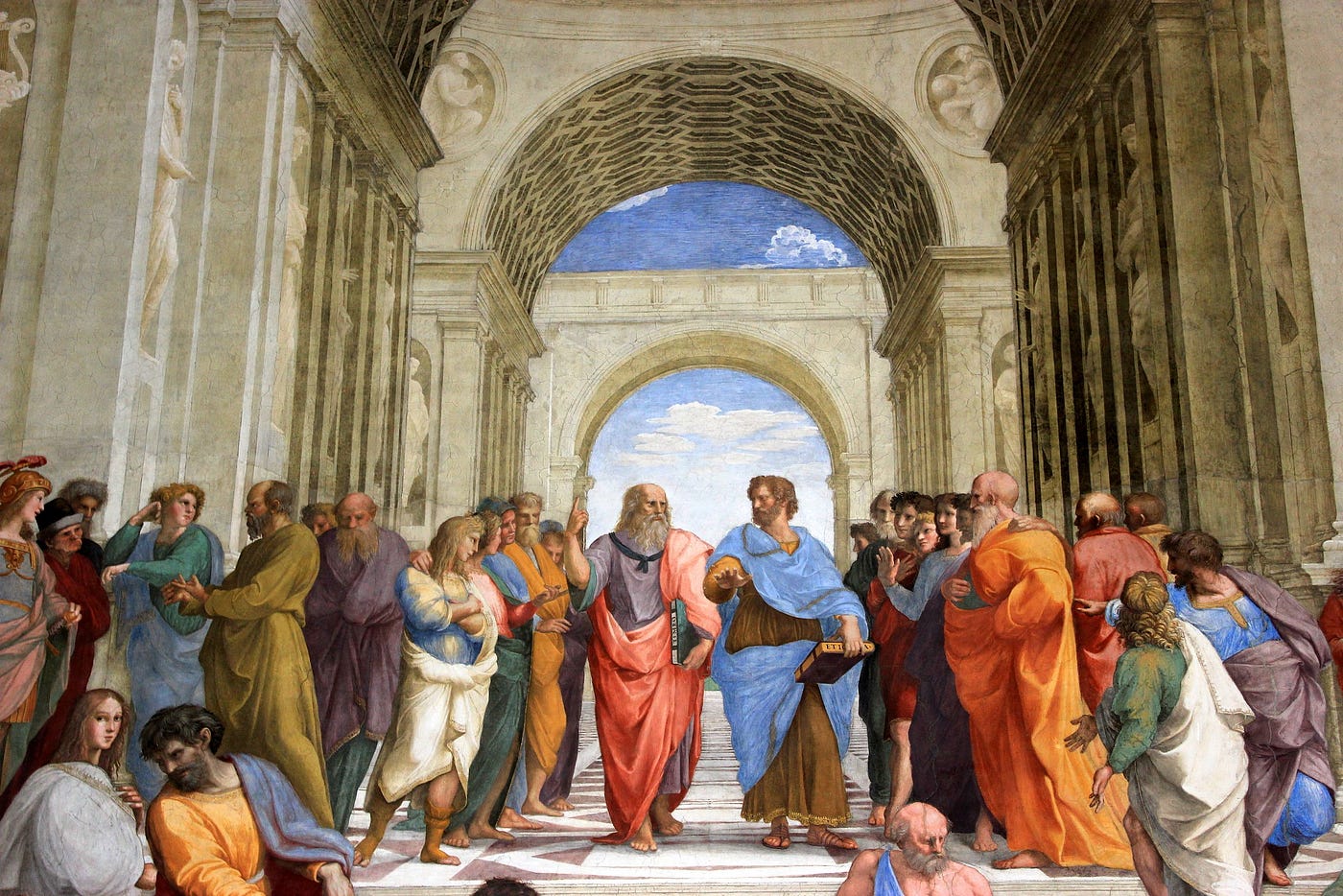 School of Athens detail by Raphaël, in the Stanza della Segnatura, Museum of the Vatican: Plato pointing to transcendence and Aristotle hand towards the ground representing immanence and materialism
