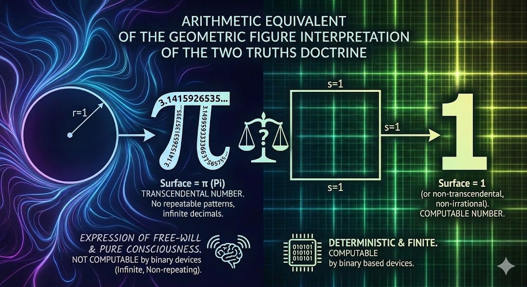 Two-truths doctrine and the Arithmetic equivalent of the Circle of ℂ vs Deterministic Square: Π is the area of the circle, 1 is the area of the square.