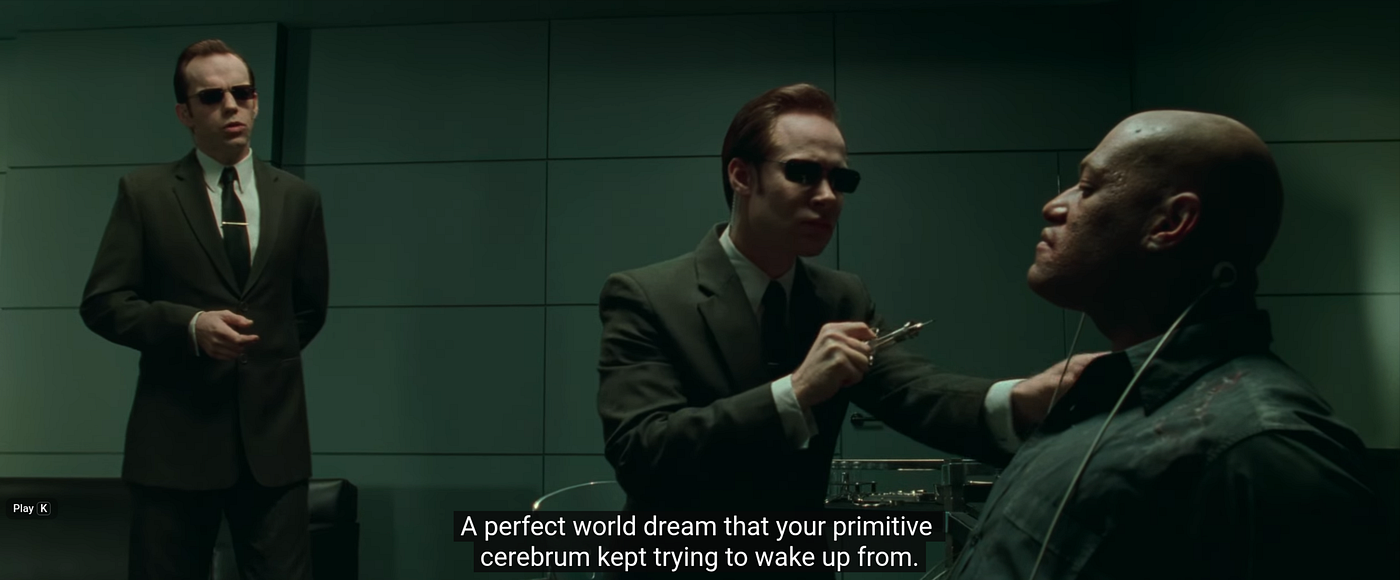 Agent Smith — the Archon whispering in your mind to distract you from the present moment (and preventing you from remembering you are Neo). Watch the interrogation video.