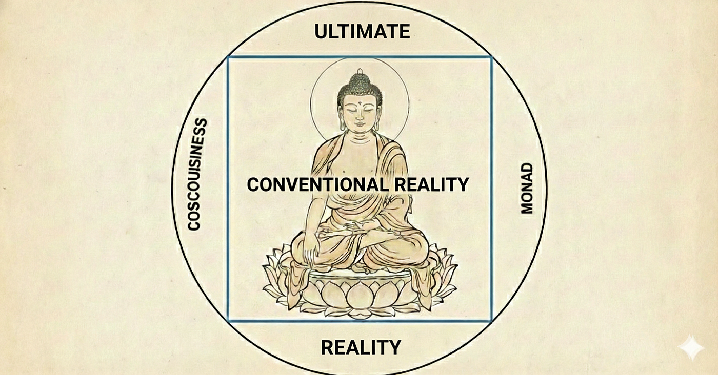 Buddha Nature and Christ Consciousness: the square is an illusory construct which represents conventional reality, contained and imagined by ultimate reality, the Monad, Pure Infinite Consciousness.
