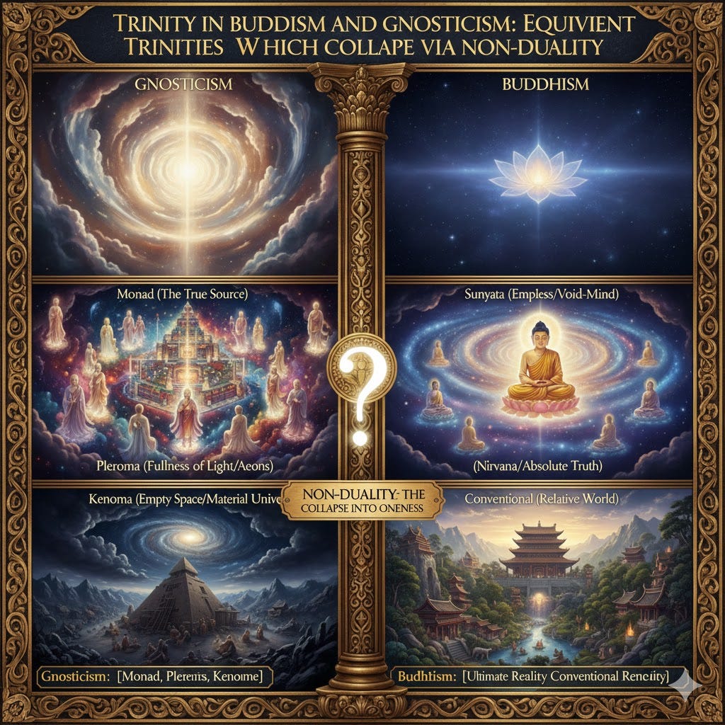 Equivalent BUddhist and Gnosticc Trinities: {Monad, Pleroma, Kenoma} and {Sunyata, Ultimate Reality, Conventional Reality}