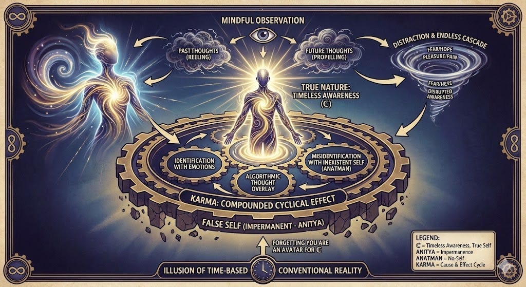 Karma — Impermanence — False-self: resolved through mindfulness (observation) of overlayed Mind Temporal Shift