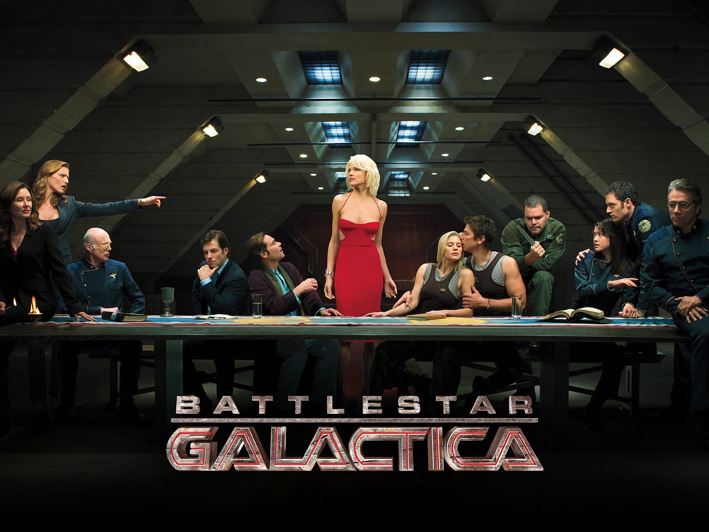 The Last Supper, where the antichrist humanoid Cylon replaces the figure of James Callis, JC
